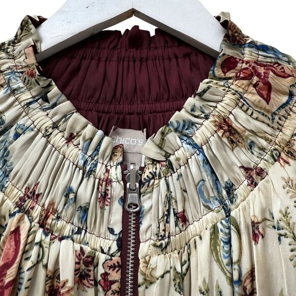 CHICO'S Floral Bomber Jacket XL (Chicos 3) Cream Red Reversible Zip Front Satin - Picture 7 of 15